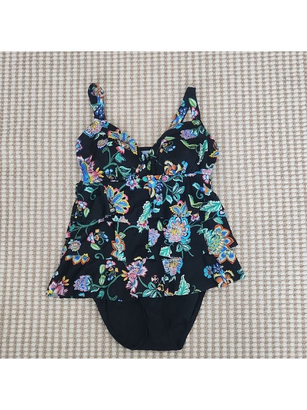 Croft & Barrow Black Floral One Piece Empire Waist Skirted Swimsuit